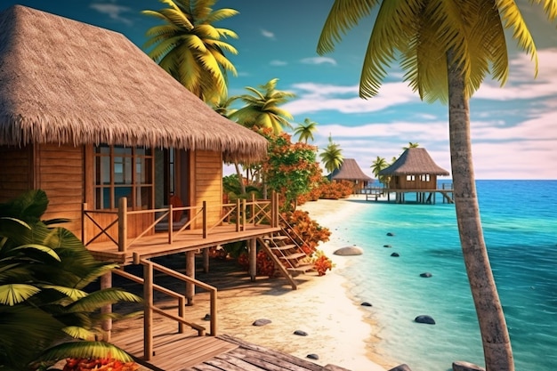 Una escena de playa tropical con una casa en la playa.