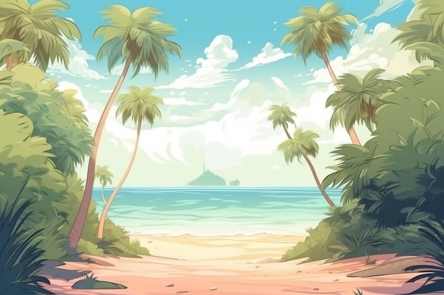 Una escena de playa tropical de dibujos animados con palmeras y un ai generativo de barco