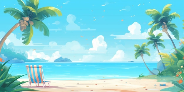 Escena de playa tropical de dibujos animados con una silla y palmeras generativas ai