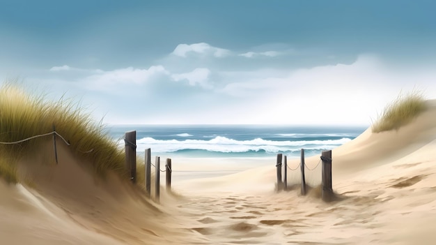 Una escena de playa con una valla y el océano de fondo.