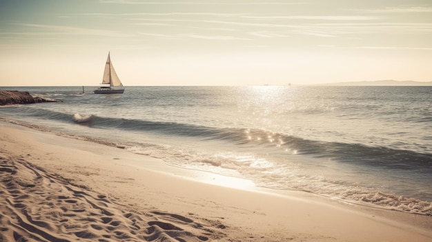 Una escena de playa con un velero en el horizonte