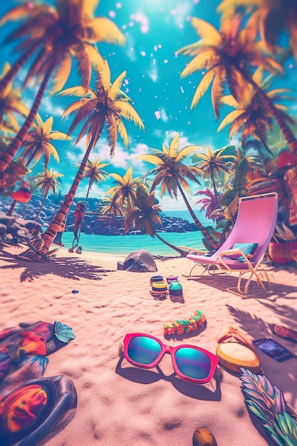Escena de playa de verano con fondo de sombrillas y sillas