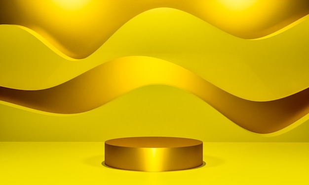Escena con podio de color amarillo para una presentación simulada en estilo minimalista con espacio de copia, diseño de fondo abstracto de render 3d