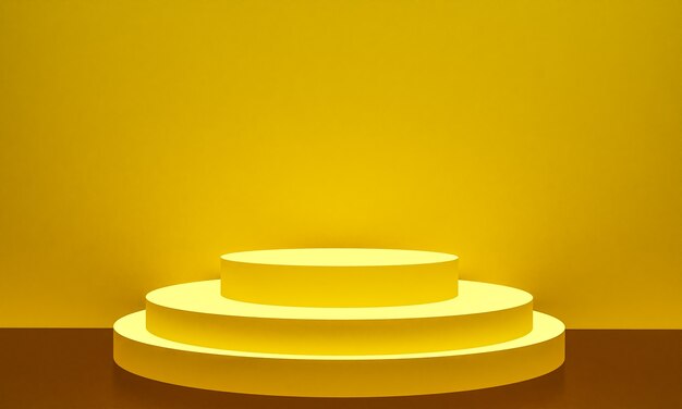 Escena con podio de color amarillo para una presentación simulada en estilo minimalista con espacio de copia, diseño de fondo abstracto de render 3d