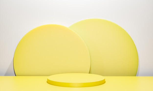 Escena con podio de color amarillo para una presentación simulada en estilo minimalista con espacio de copia, diseño de fondo abstracto de render 3d