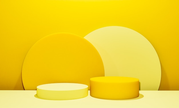 Escena con podio de color amarillo para una presentación simulada en estilo minimalista con espacio de copia, diseño de fondo abstracto de render 3d