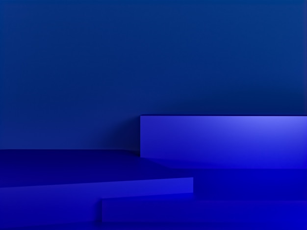 Escena con podio de color azul para una presentación simulada en estilo minimalista con espacio de copia, diseño de fondo abstracto de render 3d