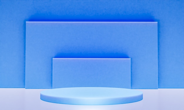 Escena con podio de color azul para una presentación simulada en estilo minimalista con espacio de copia, diseño de fondo abstracto de render 3d