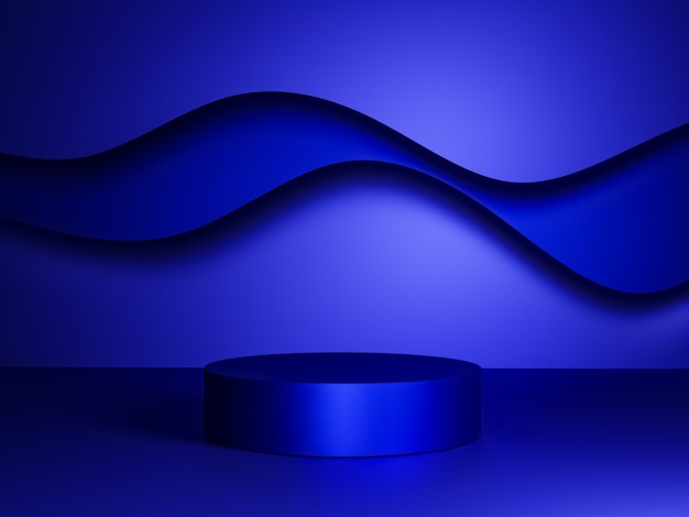 Escena con podio de color azul para una presentación simulada en estilo minimalista con espacio de copia, diseño de fondo abstracto de render 3d