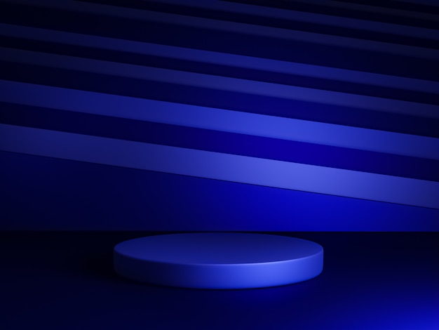 Escena con podio de color azul para una presentación simulada en estilo minimalista con espacio de copia, diseño de fondo abstracto de render 3d