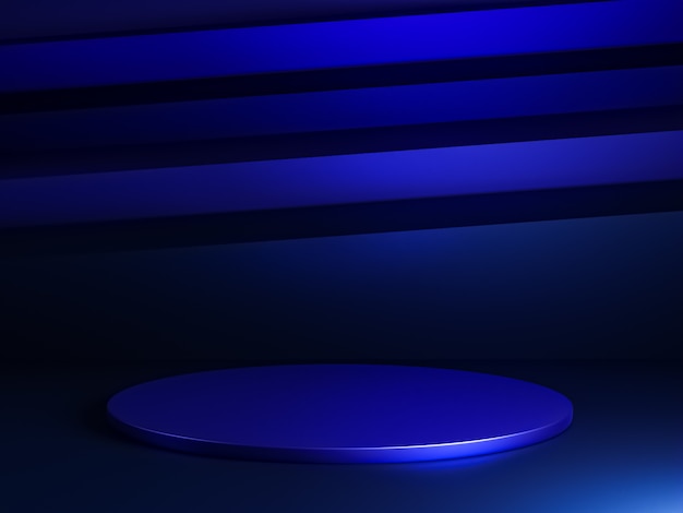 Escena con podio de color azul para una presentación simulada en estilo minimalista con espacio de copia, diseño de fondo abstracto de render 3d