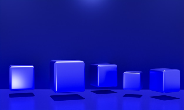 Escena con podio de color azul para una presentación simulada en estilo minimalista con espacio de copia, diseño de fondo abstracto de render 3d