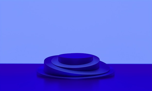 Escena con podio de color azul para una presentación simulada en estilo minimalista con espacio de copia, diseño de fondo abstracto de render 3d