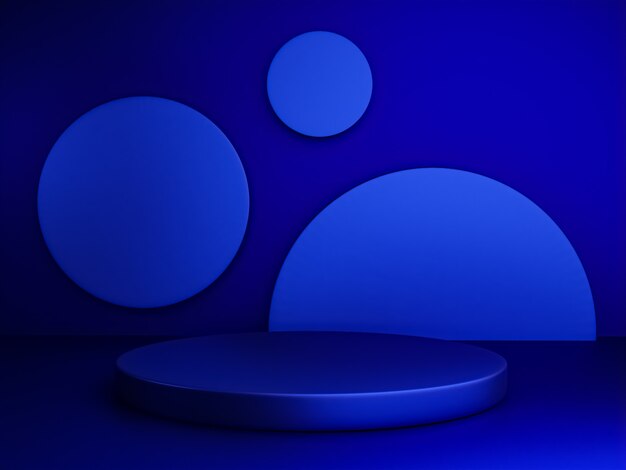 Escena con podio de color azul para una presentación simulada en estilo minimalista con espacio de copia, diseño de fondo abstracto de render 3d