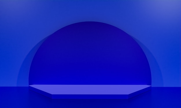 Escena con podio de color azul para una presentación simulada en estilo minimalista con espacio de copia, diseño de fondo abstracto de render 3d