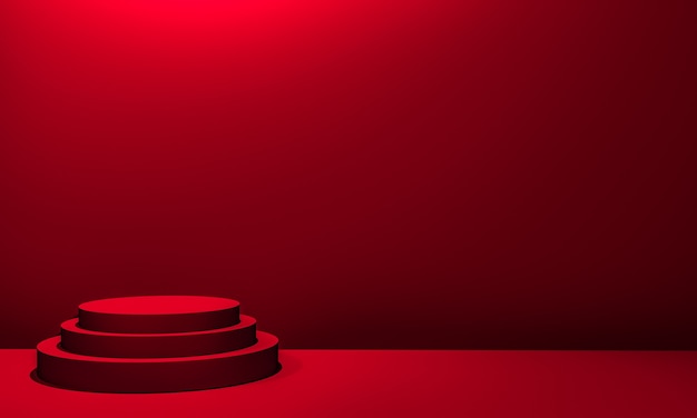 Escena con podio de color rojo para una presentación simulada en estilo minimalista con espacio de copia, diseño de fondo abstracto de render 3d