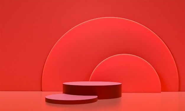 Escena con podio de color rojo para una presentación simulada en estilo minimalista con espacio de copia, diseño de fondo abstracto de render 3d