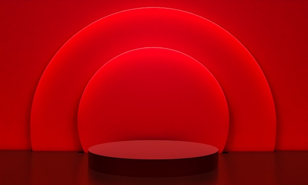 Escena con podio de color rojo para una presentación simulada en estilo minimalista con espacio de copia, diseño de fondo abstracto de render 3d