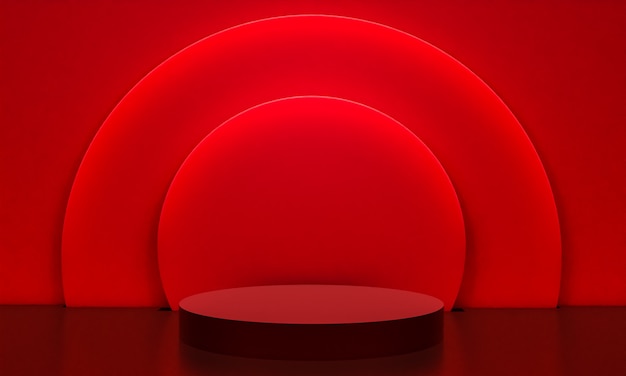 Escena con podio de color rojo para una presentación simulada en estilo minimalista con espacio de copia, diseño de fondo abstracto de render 3d