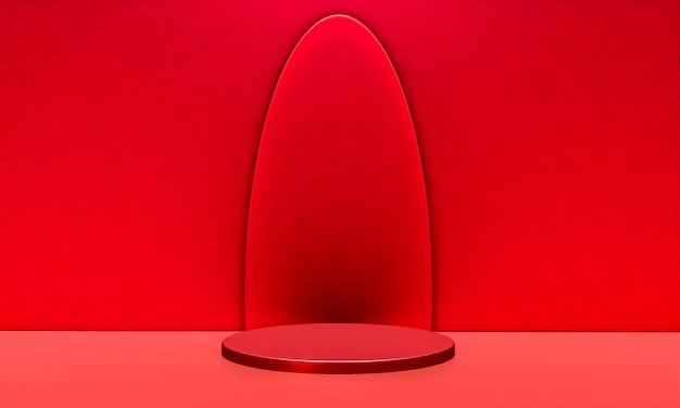 Escena con podio de color rojo para una presentación simulada en estilo minimalista con espacio de copia, diseño de fondo abstracto de render 3d