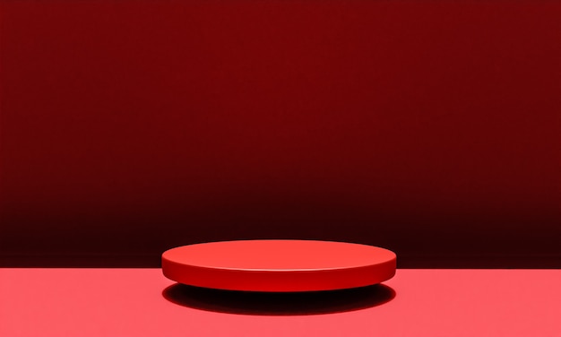 Escena con podio de color rojo para una presentación simulada en estilo minimalista con espacio de copia, diseño de fondo abstracto de render 3d