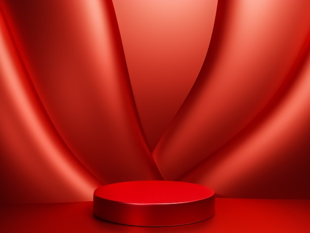 Escena con podio de color rojo para una presentación simulada en estilo minimalista con espacio de copia, diseño de fondo abstracto de render 3d