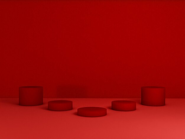 Escena con podio de color rojo para una presentación simulada en estilo minimalista con espacio de copia, diseño de fondo abstracto de render 3d