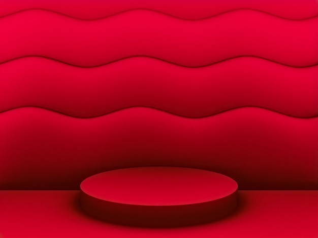 Escena con podio de color rojo para una presentación simulada en estilo minimalista con espacio de copia, diseño de fondo abstracto de render 3d