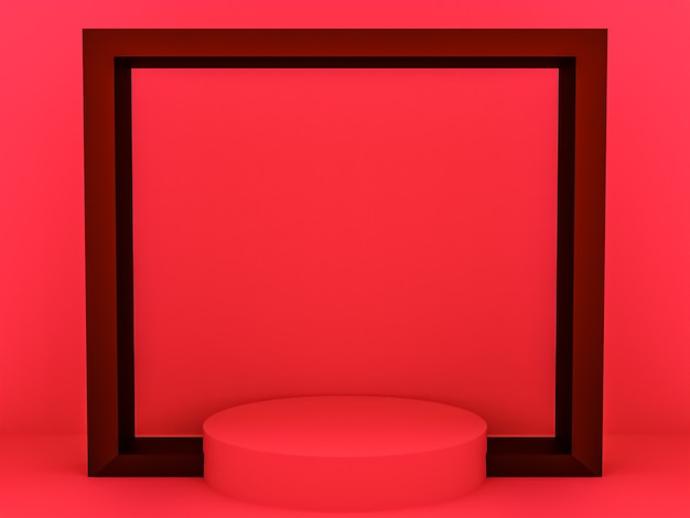 Escena con podio de color rojo para una presentación simulada en estilo minimalista con espacio de copia, diseño de fondo abstracto de render 3d