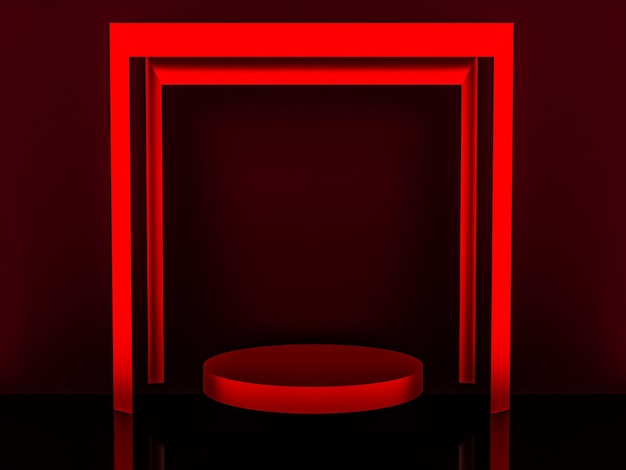 Escena con podio de color rojo para una presentación simulada en estilo minimalista con espacio de copia, diseño de fondo abstracto de render 3d