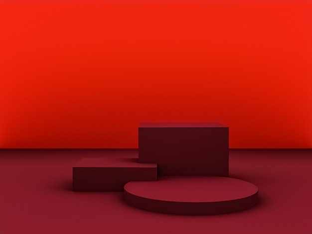 Escena con podio de color rojo para una presentación simulada en estilo minimalista con espacio de copia, diseño de fondo abstracto de render 3d