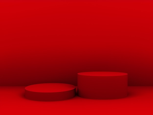 Escena con podio de color rojo para una presentación simulada en estilo minimalista con espacio de copia, diseño de fondo abstracto de render 3d