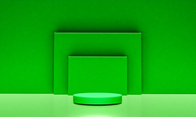 Escena con podio de color verde para una presentación simulada en estilo minimalista con espacio de copia, diseño de fondo abstracto de render 3d