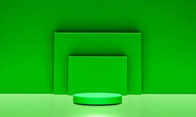 Escena con podio de color verde para una presentación simulada en estilo minimalista con espacio de copia, diseño de fondo abstracto de render 3d