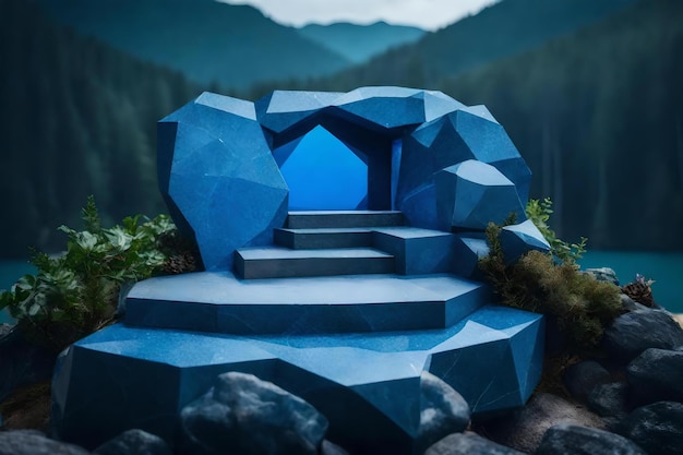 Escena de podio cosmético de piedra azul cúbica natural con diamante en el bosque
