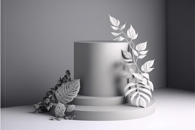 Escena de podio de exhibición de producto de fondo gris 3d con plataforma de sombra de hoja Plantilla de diseño de pedestal de podio para la presentación de una exposición moderna o ilustración 3d de galería