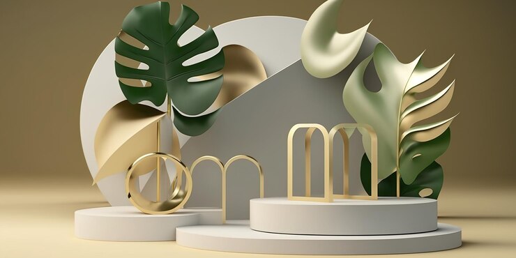 Escena de podio de exhibición de productos de fondo 3d con hoja de palma y plataforma geométrica