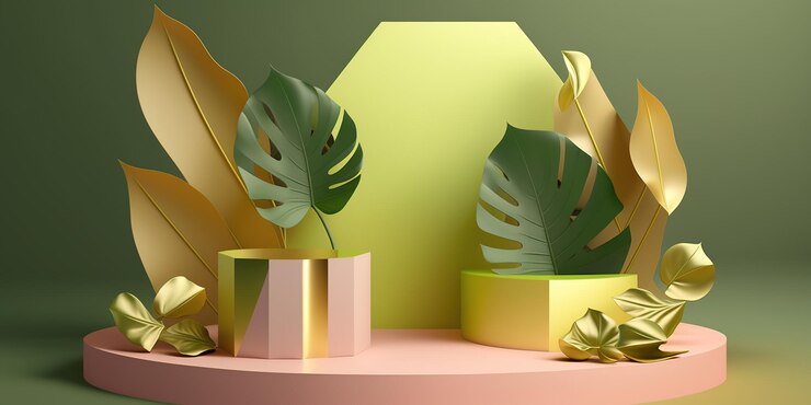 Escena de podio de exhibición de productos de fondo 3d con hoja de palma y plataforma geométrica