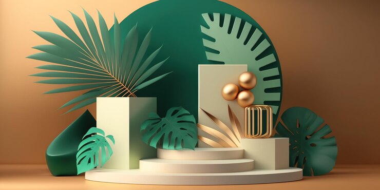 Escena de podio de exhibición de productos de fondo 3d con hoja de palma y plataforma geométrica