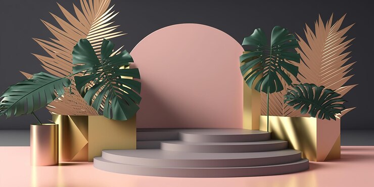 Escena de podio de exhibición de productos de fondo 3d con hoja de palma y plataforma geométrica