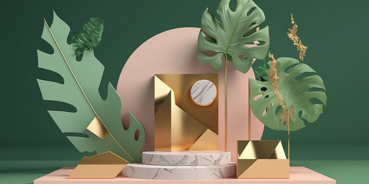 Escena de podio de exhibición de productos de fondo 3d con hoja de palma y plataforma geométrica