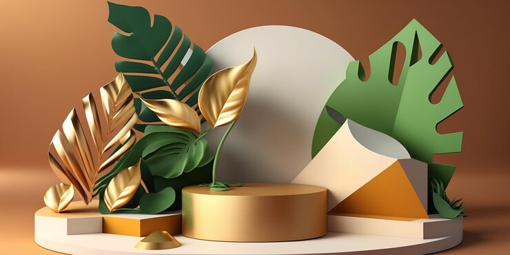 Escena de podio de exhibición de productos de fondo 3d con hoja de palma y plataforma geométrica