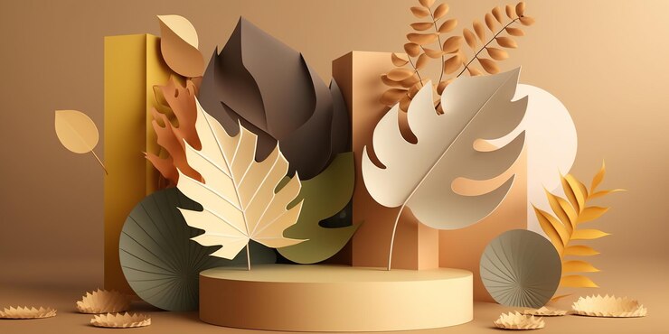 Escena de podio de exhibición de productos de fondo 3d con hoja de palma y plataforma geométrica