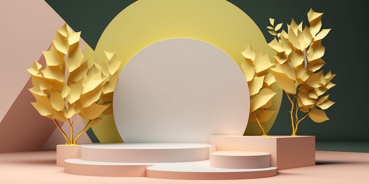 Escena de podio de exhibición de productos de fondo 3d con hoja de palma y plataforma geométrica