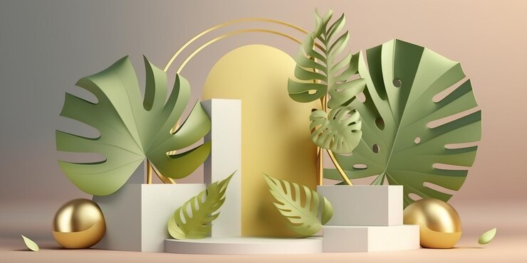 Escena de podio de exhibición de productos de fondo 3d con hoja de palma y plataforma geométrica