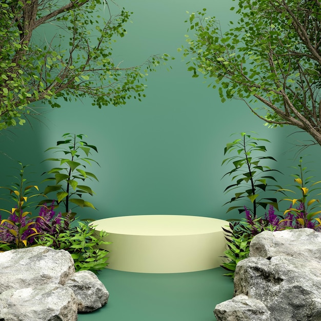 Escena con podio mínimo para la presentación del producto, con tema de la naturaleza y renderizado 3d de fondo verde