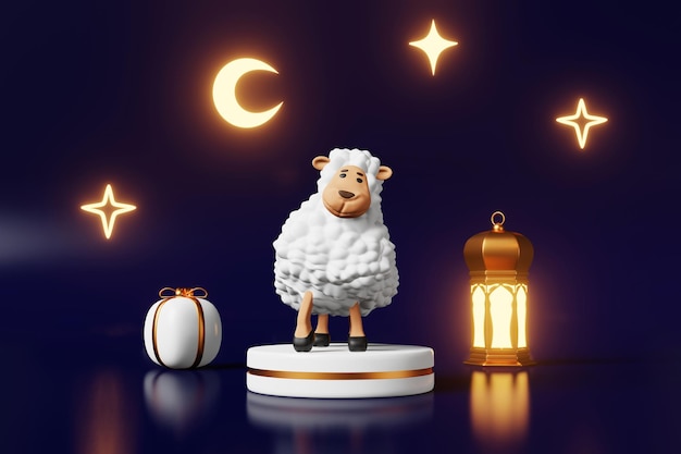 Escena del podio de ovejas bailando Sacrificio animal Fiestas islámicas publicidad Representación 3d Ramadán Raya Hari Mawlid venta