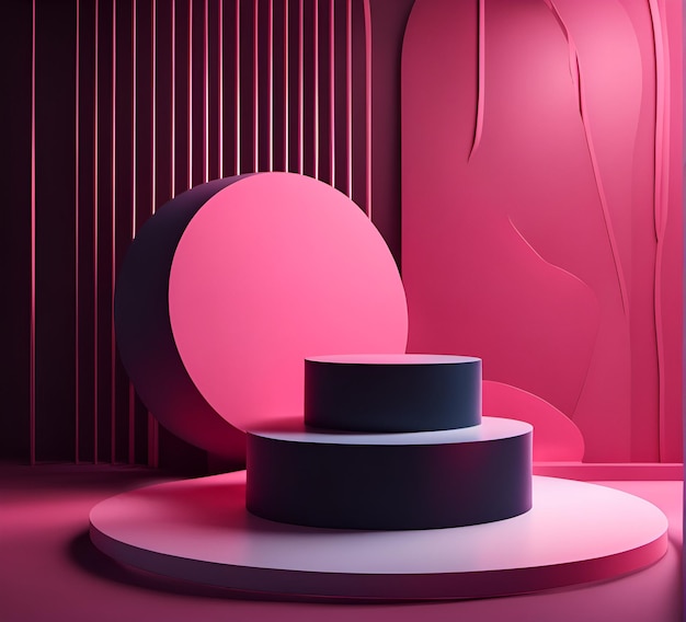 Escena con podio para presentación simulada en estilo minimalista con diferentes formas abstractas