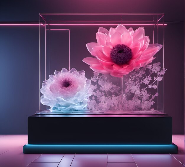 Foto escena con podio para presentación simulada tema floral abstracto iluminación de neón