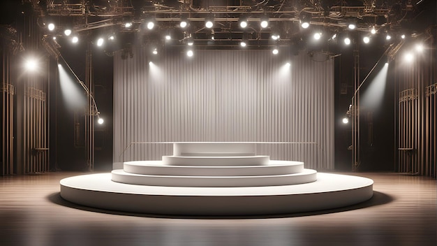 Escena con podio redondo iluminado por focos Concepto de ceremonia de premiación Representación 3D